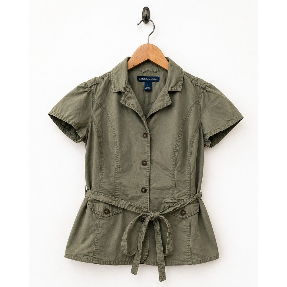 Bandolino Women's Utility Jacket Top Size L Green Button Front Belted Safari Y2K